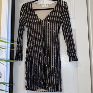 WYLDR Nude Bodycon Dress With Black Sequin Stripes